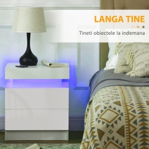 Noptiera alba cu lumina LED RGB, noptiera frontala lucioasa cu 2 sertare, pentru camera de zi, dormitor - Img 5