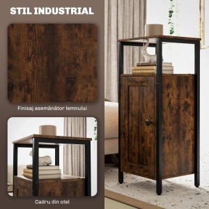 Noptieră în Stil Industrial cu 2 Rafturi Deschise și Raft Interior Reglabil pe 3 Nivele, 34x30x80 cm, Maro Rustic - Img 6
