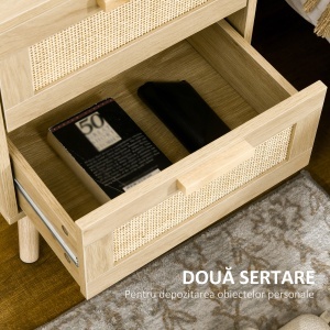 Noptiera pentru Dormitor cu 2 Sertare, Masuta de cafea in Stil Boho Elegante, 40x40x56cm, Culoare Lemn Natur - Img 4