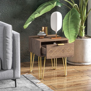 Noptiere Moderne Set 2 Bucati din PAL si Otel cu Sertar, 39.5x41x49 cm, Maro - Img 8