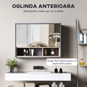 Oglindă de Baie cu 3 Uși și Dulap, Oglindă de Baie cu Compartiment de Depozitare, 80x20x60 cm, Gri - Img 5