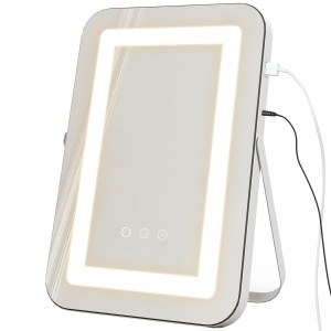 Oglindă de Machiaj LED cu Lumini Reglabile pe 3 Culori, USB și Oglindă de Mărire Rotativă, 31x41,5x3 cm, Alb