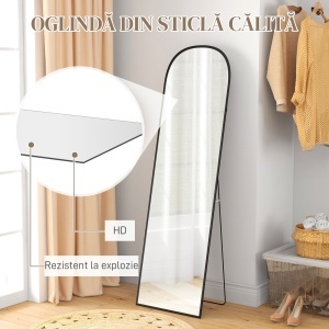 Oglindă de Podea și Perete Modernă din Aliaj de Aluminiu cu Suport Pliabil, 50x170 cm, Neagră - Img 5