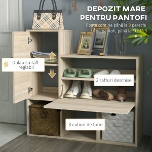 Organizator Intrare 3-în-1, Bancă cu Depozitare Pantofi, Oglindă și Cuier/Rafturi pentru Hol, Mobilier Multifuncțional - Img 6