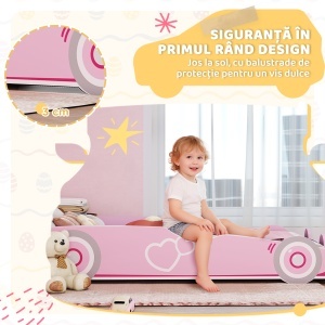 Pat pentru Copii de 3-5 Ani în Formă de Mașină cu Margini Ridicate de Siguranță, 140x70 cm, Roz - Img 5