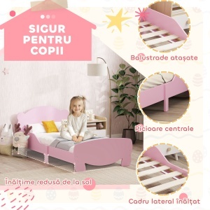 Pătuț pentru Copii cu Tăblie și Capăt în Formă de Ursuleț și 2 Bare Laterale, Roz - Img 4