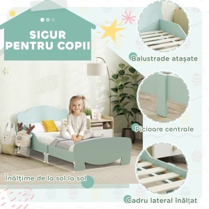 Pătuț pentru Copii cu Tăblie și Suport în Formă de Ursuleț și 2 Bare Laterale, Verde - Img 4