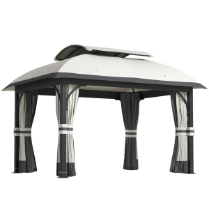 Pavilion de Grădină cu Perdele, Plasă, Acoperiș Ventilat și Cadru Metalic Galvanizat, 395x330x294 cm, Gri - Img 1