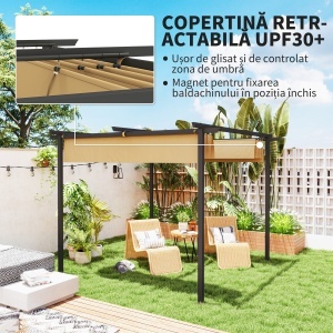 Pergolă de Grădină cu Acoperiș Retractabil și Cadru Metalic, 300x300x227 cm, Bej - Img 4