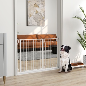 Poartă de Siguranță pentru Câini din Oțel și ABS, Poartă Extensibilă pentru Câini pentru Scări și Uși, 75-115 cm, Alb - Img 2