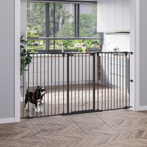 Poartă pentru Câini cu 3 Panouri și Sistem Dublu de Închidere, Barieră pentru Câini pentru Scări, Uși, Holuri, 206x90 cm, Negru - Img 2