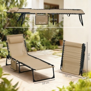 Portable Sun Lounger, Folding Camping Bed 5-position Adjustable Grey - Img 3