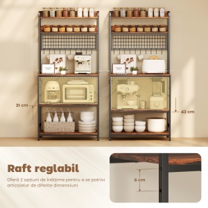 Raft de Bucătărie cu Stație de Încărcare și Rafturi Reglabile, Raft pentru Cuptor cu Microunde cu 5 Niveluri, Panou de Grilaj cu 10 Cârlige, Dulap Vintage din Oțel și PAL, 80x40x170 cm, Maro Rustic - Img 6