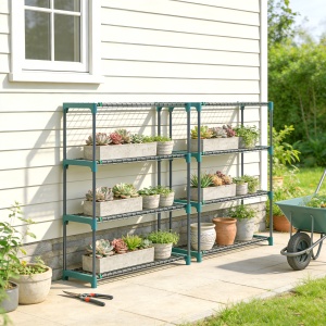 Raft pentru Plante pe 4 Niveluri, Set de 2 Suporturi pentru Plante, din Oțel cu Catarame pentru Montaj Ușor, Expunere Ghivece Grădină și Balcon, 90x28x104 cm - Img 2