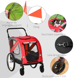 Remorca de bicicleta pentru caini 2-in-1 Carucior animal de companie Carucior bicicleta Atas de calatorie cu cadru de otel cu reflectoare universale de roti si steag rosu - Img 6