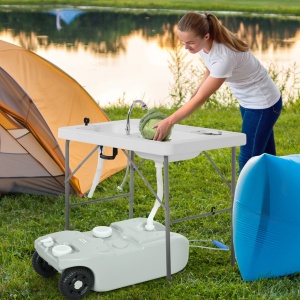 Rezervor de Apă pentru Camping 40L cu Roți și Mâner Reglabil Gri - Img 2