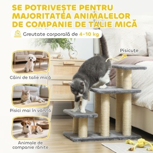 Scară pentru Câini și Pisici cu 3 Trepte din Pluș și Stâlpi Zgâriători din Sisal, Capacitate 10 kg, Gri - Img 7
