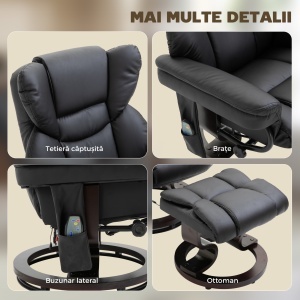 Scaun cu Puf Suport pentru Picioare și Funcție de Masaj, Reclinabil la 145° și Rotativ la 360°, Negru - Img 8
