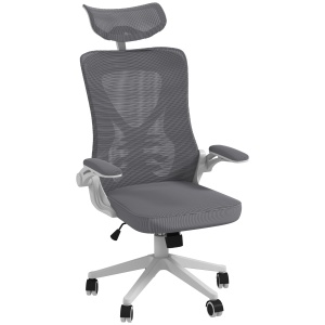Scaun de Birou cu Inaltime Reglabila cu Tetiera, Suport Lombar si Cotiere Rabatabile, 65x64x120-130 cm, Gri si Negru - Img 1