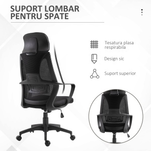 Scaun de Birou Ergonomic cu Brațe și Tetieră Reglabilă, Scaun Pivotant cu Suport Lombar, 64x55x116-126 cm, Negru - Img 6