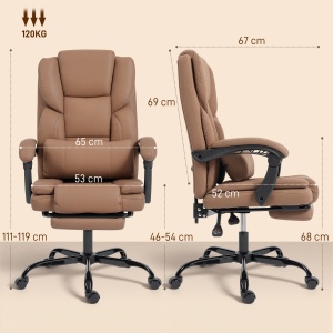 Scaun de Birou Reclinabil din Piele Ecologică cu Suport pentru Picioare și Roți, 65x67x111-119 cm, Maro - Img 3