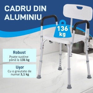 Scaun de Duș cu Spătar, Brațe, Înălțime Reglabilă și Picioare Antiderapante, 51,5x51,5x71-84 cm, Alb - Img 4