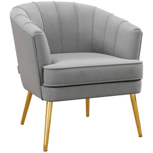 Scaun de Efect din Material Textil, Fotoliu din Catifea, Fotoliu Modern pentru Camera de Zi cu Picioare Metalice Aurii si Captuseala Groasa pentru Dormitor, Gri - Img 1