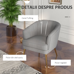 Scaun de Efect din Material Textil, Fotoliu din Catifea, Fotoliu Modern pentru Camera de Zi cu Picioare Metalice Aurii si Captuseala Groasa pentru Dormitor, Gri - Img 5