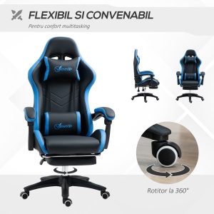 Scaun de gaming din piele ecologica PU si otel cu inaltime reglabila si spatar inclinabil, 65x65x121-129 cm, albastru si negru - Img 6