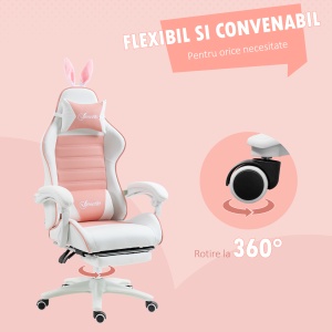 Scaun de Gaming Ergonomic cu Urechi de Iepure și Suport pentru Picioare Extensibil, 65x63x136-142 cm, Roz - Img 7