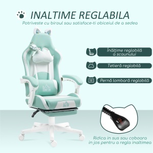 Scaun de Gaming Reclinabil cu Suport pentru Picioare și Perne, din Piele Artificială și Spumă, 65x62x116-124 cm, Albastru și Alb - Img 5
