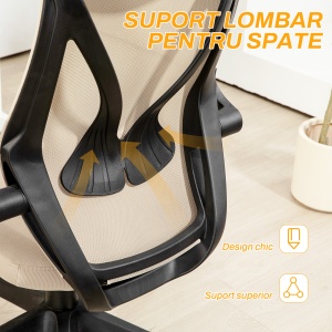 Scaun Ergonomic de Birou cu Brațe Rabatabile, Tetieră, Înălțime Reglabilă și Funcție de Leagăn, 66x66x121 cm, Bej - Img 7