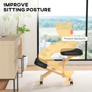 Scaun Ergonomic pentru Genunchi cu Înălțime Reglabilă din Lemn cu Rotile, 42x70x42-52 cm, Negru - Img 4