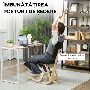 Scaun Ergonomic pentru Genunchi din Țesătură cu Aspect de In și Lemn de Mesteacăn, Negru - Img 4