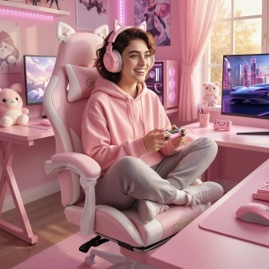Scaun Gaming Fotoliu Gaming Ergonomic Rabatabil Suport Picioare Roz - Img 5