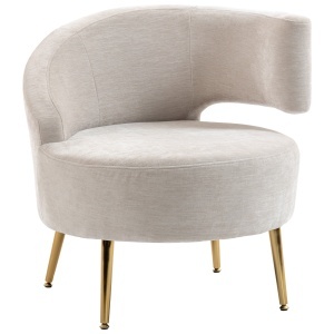 Scaun Modern pentru Living cu Spătar Arcuit și Arcuri Individuale, Tapițat din Chenille, Spumă, Lemn și Oțel, 69x65x67 cm, Crem și Auriu
