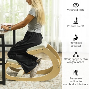 Scaun pentru Genunchi cu Mișcare de Legănare, Scaun Ergonomic Postural din Material Textil, 55x85x55 cm, Alb Crem - Img 5
