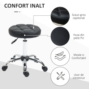 Scaun Rotativ cu Roti, Rotund, Scaun pentru Coafor și Estetician cu Înălțime Ajustabilă, Tapițat în Piele Ecologică, Ø35.5x51-67 cm, Negru - Img 5