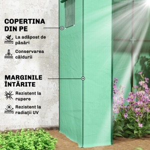 Seră de Grădină cu Acoperiș Înclinat, 2 Ferestre și Ușă Rulabilă, Seră pentru Legume cu Structură din Oțel, Acoperire din PE Anti-UV, pentru Legume, Flori, Plante, 196x77x197 cm, Verde - Img 4