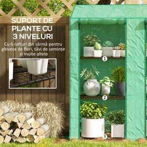 Seră de Grădină cu Copertină din PE, Seră cu Acoperiș Înclinat, 2 Uși Rulante și 6 Rafturi, 143x46x151cm, Verde - Img 5