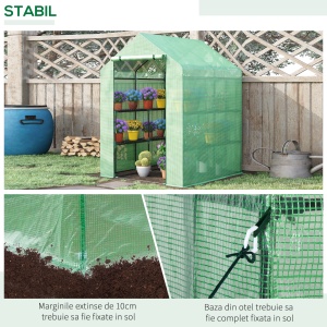 Sera de gradina cu rafturi, protectie din PE si usa care se ruleaza, 143L x 138l x 190H cm, verde - Img 7