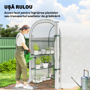 Seră de Grădină cu Rafturi și Ușă Rulabilă, Seră pentru Grădină cu Cadru din Oțel, Acoperiș din PE Anti-UV, pentru Legume, Flori și Plante, 123x187x189 cm, Alb - Img 6
