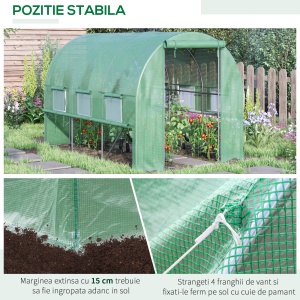 Sera de Grădină tip Tunel 3x2x2 m cu Ușă Rulabilă și 6 Ferestre cu Plasă, Sera pentru Grădină cu Structură din Oțel și Acoperiș din PE, pentru Legume, Flori, Fructe, Anti-UV, Verde - Img 6