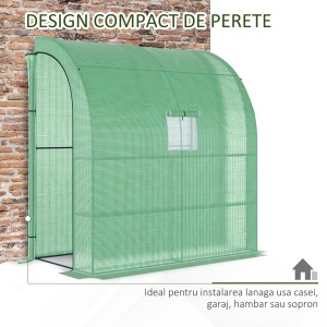 Sera de Perete cu 2 Rafturi pentru Plante si Flori din Otel si PE, 200x100x213cm - Verde - Img 6