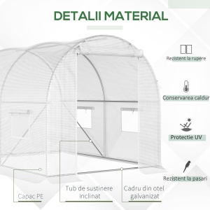 Seră Tunel cu 4 Ferestre şi Usă Rulantă cu Fermoar, Seră pentru Plante din Oţel Zincat şi Polietilenă, 3x2x1.9 m, Alb - Img 4