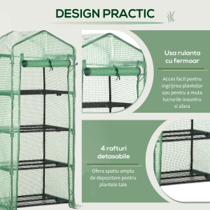 Sera verticala cu raft pe 4 niveluri, sera cu balcon si terasa din otel si PE verde inchis, 70x50x160cm - Img 6