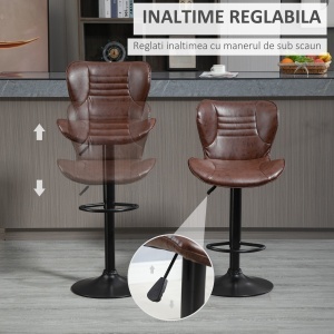Set 2 Scaune de Bar cu Înălțime Reglabilă, Șezut Rotativ și Suport pentru Picioare, 46,5x54x88-108 cm, Maro - Img 4