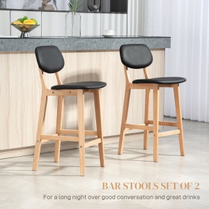 Set 2 Taburete cu Spătar și Tapițerie din Piele Artificială, Taburete Înalte din Lemn, 42x47x92 cm, Natural și Negru - Img 4