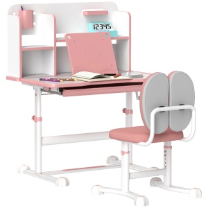 Set Birou pentru Copii 3-12 Ani Reglabil pe Înălțime și Blat Înclinabil la 45°, 80x55x107.5 cm, Culoare Roz - Img 1