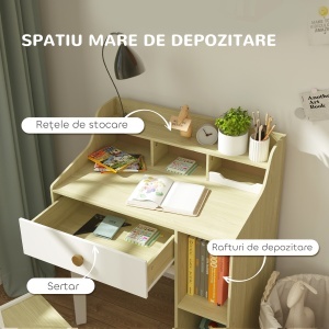 Set Birou pentru Copii cu Raft de Depozitare, Sertar și Scaun din Lemn, 80,4x50x96 cm, Alb - Img 4